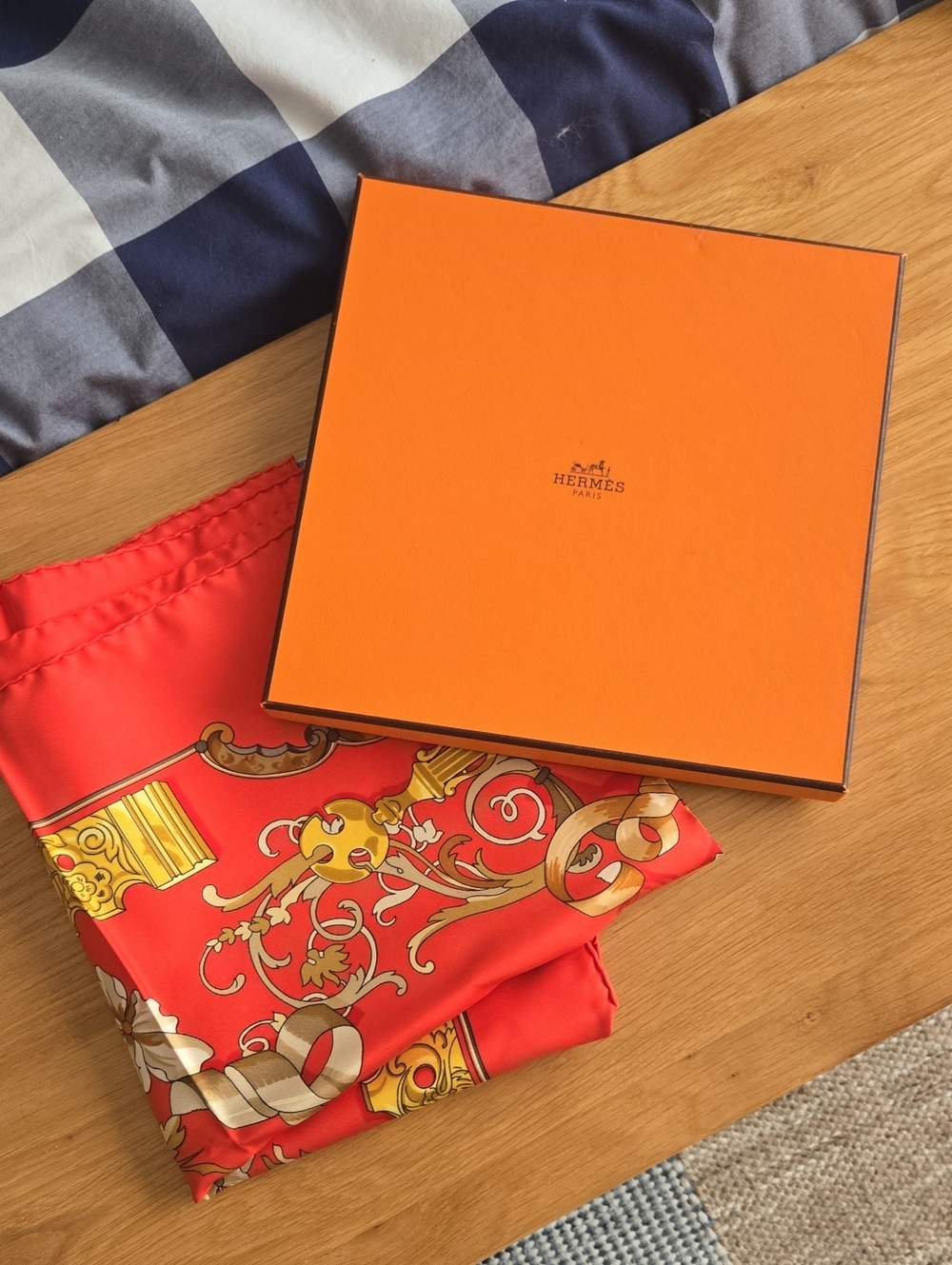 Hermes Red Silk Scarf with Gold Baroque Motif, VGUC, Comes With Box - Picture 1 of 7